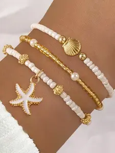 3pcs Bohemian Beaded Layered Stackable Bracelet Set with Starfish & Shell Pendants, Golden-Tone, Imitation Pearl, Perfect for Summer Beach Vacations Bohemian Bracelets