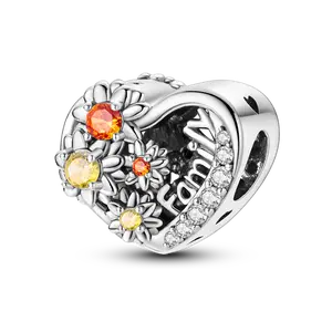 MULA 925 Silver-plated Sunflower Heart Pendant with CZ Crystals and Hollow Family Beads, a meaningful gift for women and girls