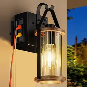 Dusk to Dawn Outdoor Porch Light with GFCI Outlet Anti-Rust Waterproof Industrial Outdoor Lantern Exterior Work Lights Rustic Wall Light