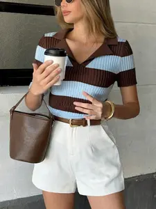 Women's Striped Color Block V Neck Sweaters  Elegant Casual Short Sleeve Lapel Collared Sweaters Chic Sexy Y2k Slim Fitted Lightweight Knit Tops Womenswear Knitwear Club Wear Going Out Street Wear Vocation Holiday Beach Fashion Summer Outfit
