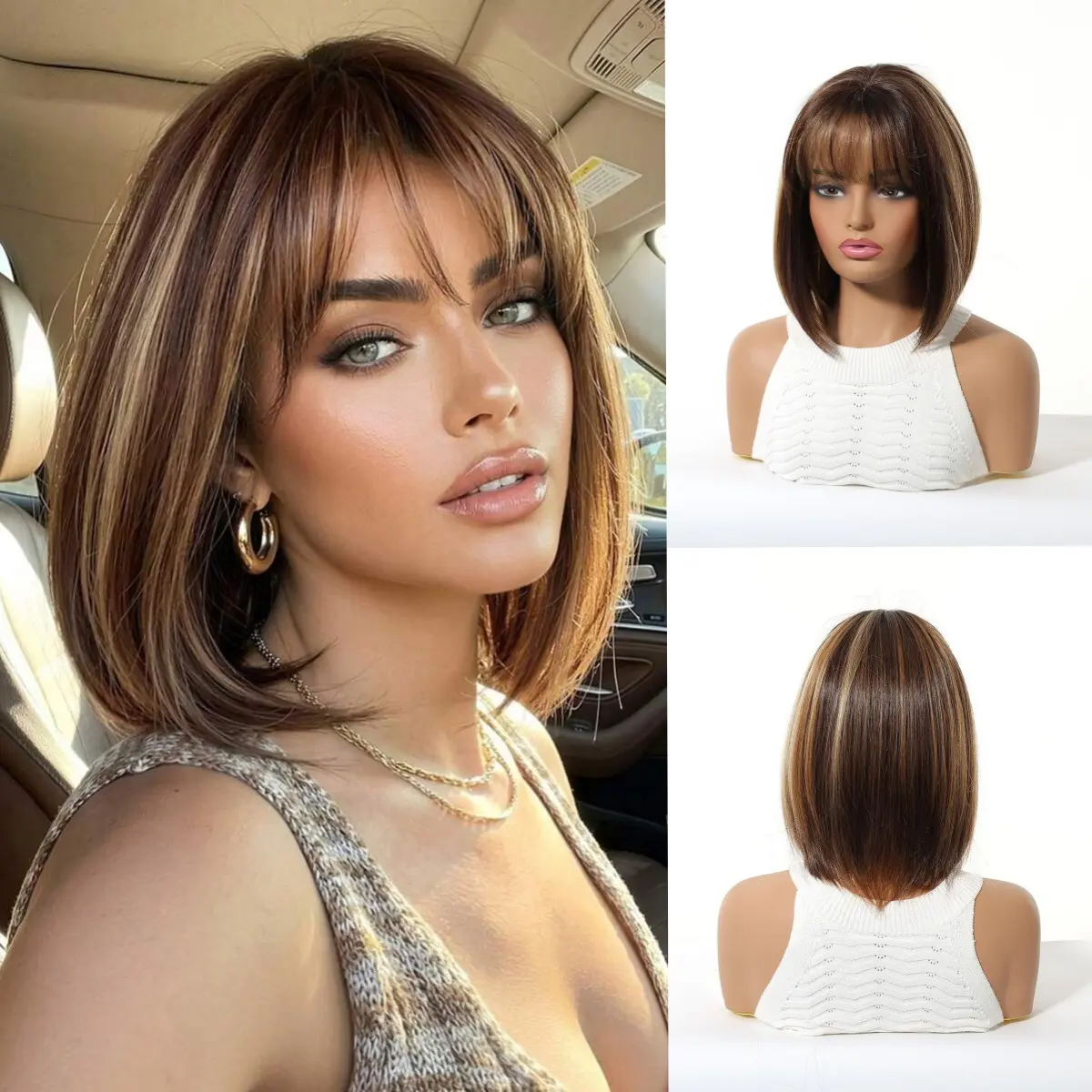 Short Bob Wig with Air Bangs for Women, Ombre Ash Blonde Grey Straight Synthetic Hair, Realistic Look for Parties
