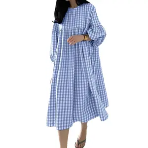 Checkered Smock Dress for Women, Relaxed Loose Fit, Round Neck, Long Sleeves with Gathered Detail, Mid-Calf Swing Hem, Soft Woven Fabric, Everyday Travel & Resort Style