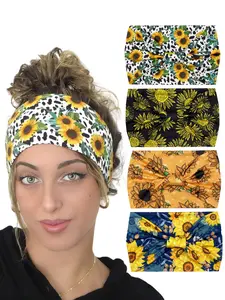 4pcs，Women's Fashion Wide Elastic Headbands, Spring Summer Sunflower Print Hair Bands, Multi-Color Mixed Styles, Casual Sports Versatile Hair Accessories