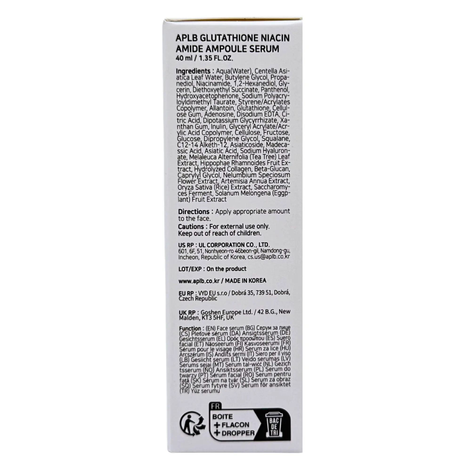 aplb glutathione niacinamide ampoule serum ingredients APLB Glutathione Niacinamide Ampoule Serum – Brightening & Hydrating LIPO  GLUTA NIAC CEN 31.3% -1.35fl.oz Moisturizer