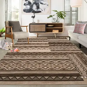 Garvee 9x12 Rug Washable Rugs Distressed Vintage Tribal Geometric Area Rug for Living Room Bedroom Office Nursery Low Pile Neutral Soft Patchwork Rug Non Slip Farmhouse Floor Cover Brown