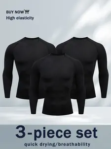 3 Pieces Of Men's Compression Long-sleeve High-stretch Quick-dry Breathable Sports Base Layer Training Tops