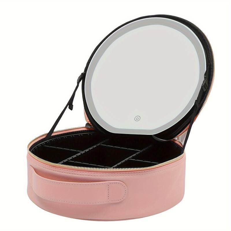 Makeup Bag Cosmetic Case Round Cosmetic Case Portable Travel Makeup Train Case Beauty Box, Cosmetic Case With Mirror With Light, Adjustable Dividers Brush Pouch