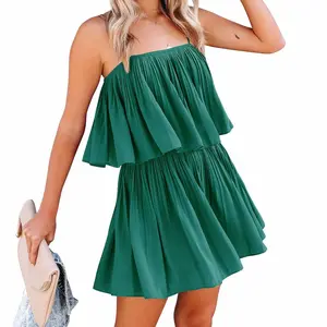 EXLURA Womens 2025 Summer Romper Dress Spaghetti Strap Pleated Fashion Short Jumpsuit Outfits, Deep Green-L