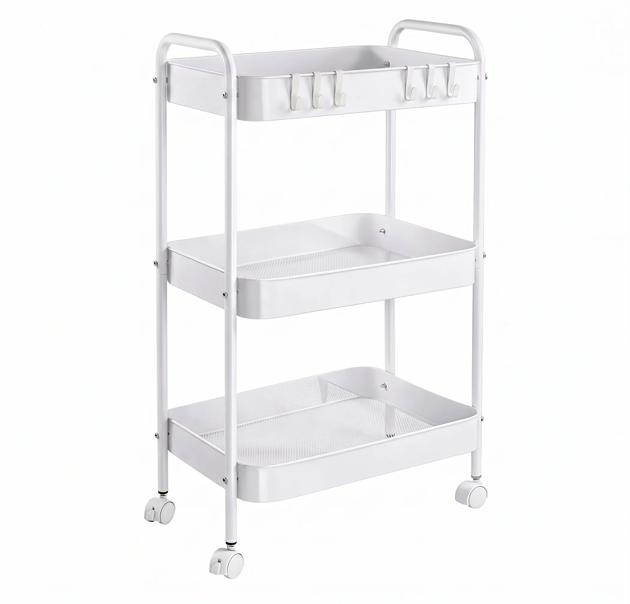 3-Tier Compact Rolling Cart Organization - Movable Home Organizer with 4 Smooth-Glide Rotating Locking Wheels (Stay Put), 6 Movable Side Hooks, High Edges, Mesh Bottom, Multi-Use for Bath & Kitchen, Easy Water Cleaning, White, Brake Lock Hold