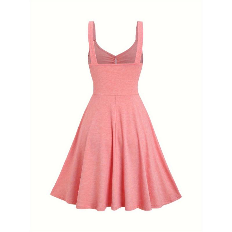 Light Pink Chic V-Neck Sleeveless Dress - A-Line Flare with Decorative Buttons & Ruched Detail, Polyester Blend, Machine Washable, Perfect for Spring/Summer/Fall  Casual Collar Fabric Womenswear Spandex Comfort Strap Strappy Women's Elegant Loose Midi hem