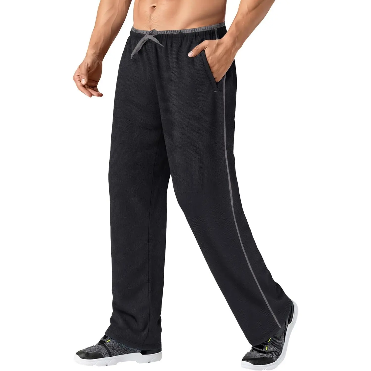 Men's Lightweight Sweatpants Loose Fit Open Bottom Mesh Athletic Pants with Zipper Pockets