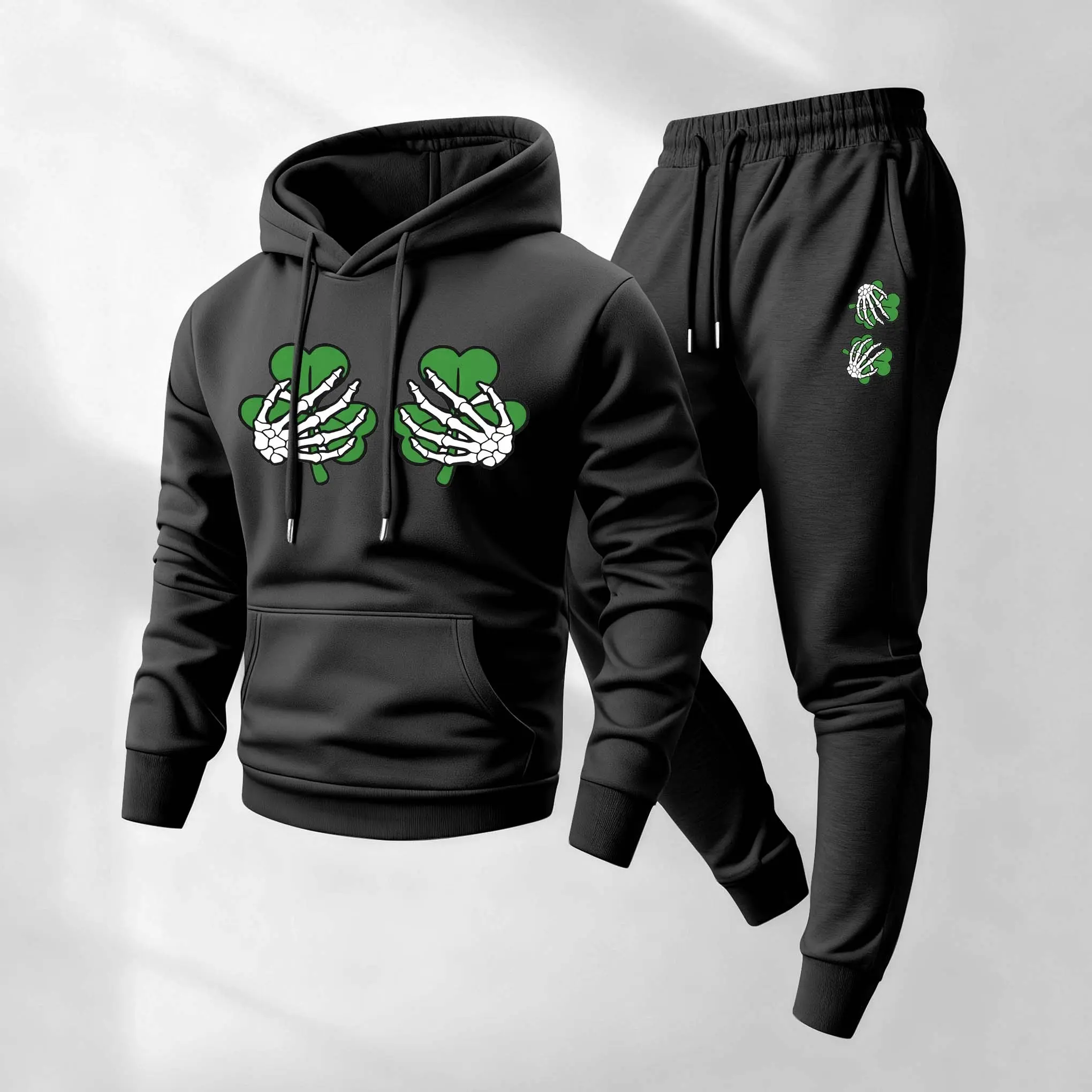 Men's 2-Piece Minimalist Saint Patrick's Day Letters Print Polyester Tracksuit - Longsleeve Breathable Hoodie, Loose Drawstring Sweatpants, Casual Athleisure for Fall Winter Daily Wear, Mensfashion, Fabric, Long Sleeve, Casual Fit, Athletic, Male, Letter