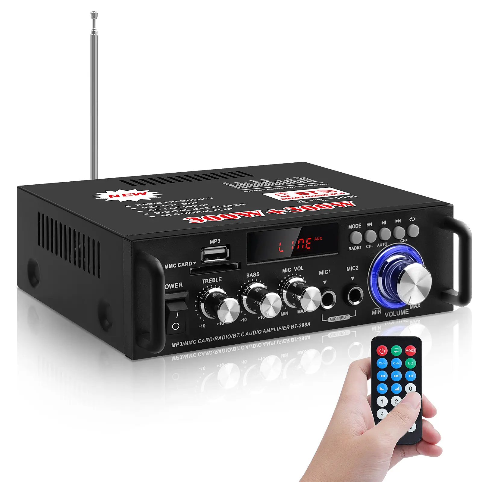 HiFi Digital Stereo Bluetooth Karaoke Amplifier 298A (US Plug) - 2.0 Channel Power Receiver with 40W Max, 300W Output, Wireless Connection, USB Jack, FM, Mic, Remote, Natural Audio, Treble/Bass Keys, Compatible with Home Speakers, Tablets, Notebooks