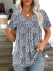 Plus Size Women's Small Floral Print V Neck Short Sleeve Casual Ruched Loose Top, Comfortable and Stylish Ladies' Blouse for Everyday Wear Shirts