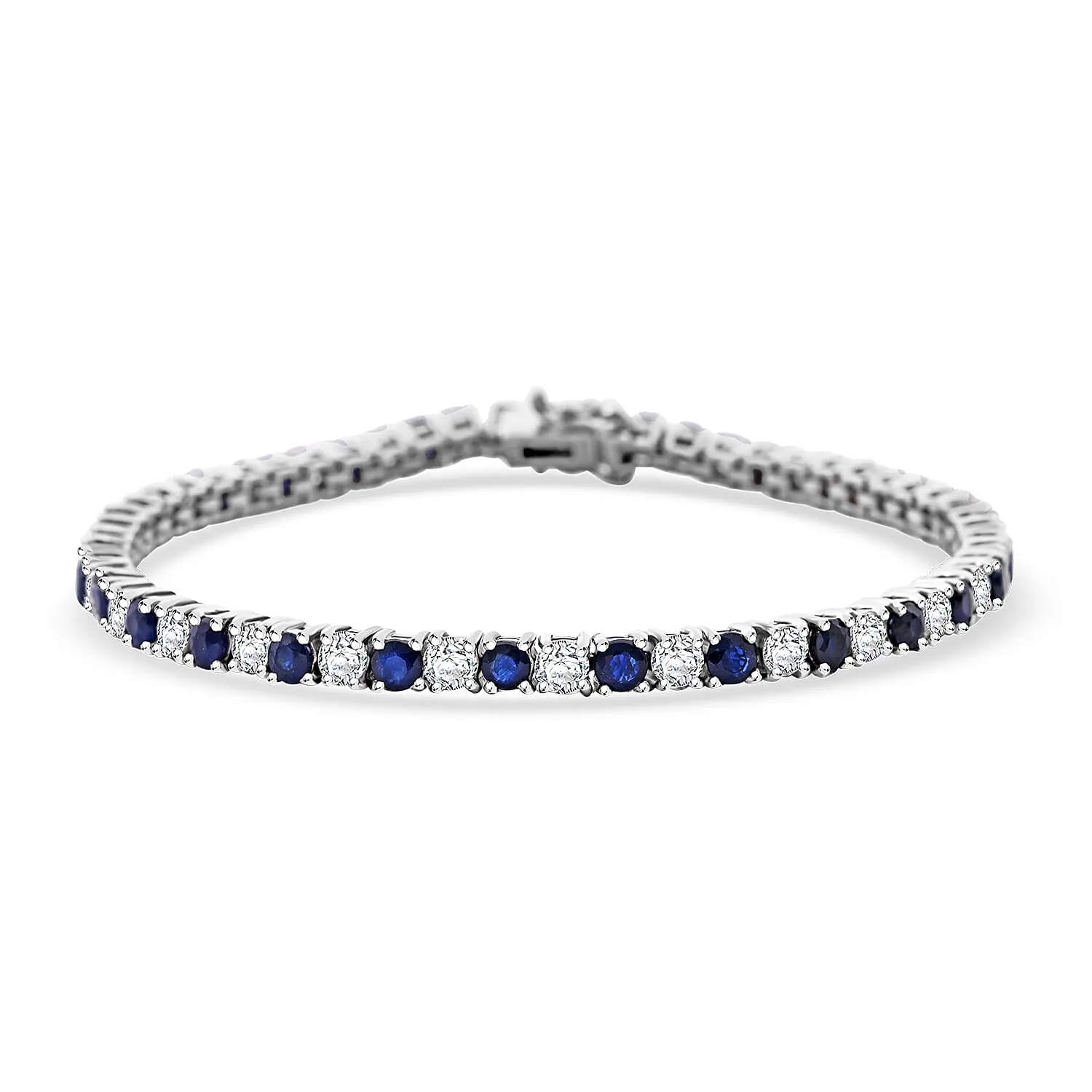 AAA Kanchanaburi Blue Sapphire, Moissanite Bracelet in Rhodium Over Sterling Silver (6.50 In) 6.15 ctw