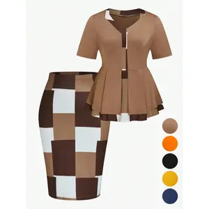 [Plus Size] Two-Piece Set All Over Print Top & Skirt, Casual Fashion Cozy Short Sleeve Top & Skirt for Daily Outdoor Wear, Women Clothing for All Seasons, Chic Skirt Sets