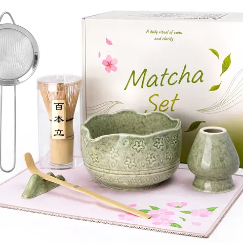 Biching Classic 7-Piece Traditional Japanese Whisk Set - Bamboo Whisk, 18 oz Porcelain Bowl (Nature-Inspired Glaze, Warm Refined Touch), Wood Holder, Cotton Accessory, Tea Scoop, Easy-Share Mouth (Kungfu Tea Tools Gift Set for Home Use)