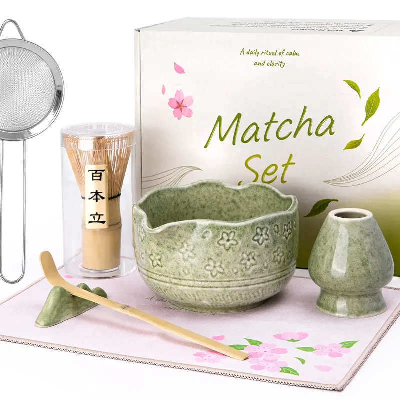 Biching Classic 7-Piece Traditional Japanese Whisk Set - Bamboo Whisk, 18 oz Porcelain Bowl (Nature-Inspired Glaze, Warm Refined Touch), Wood Holder, Cotton Accessory, Tea Scoop, Easy-Share Mouth (Kungfu Tea Tools Gift Set for Home Use)