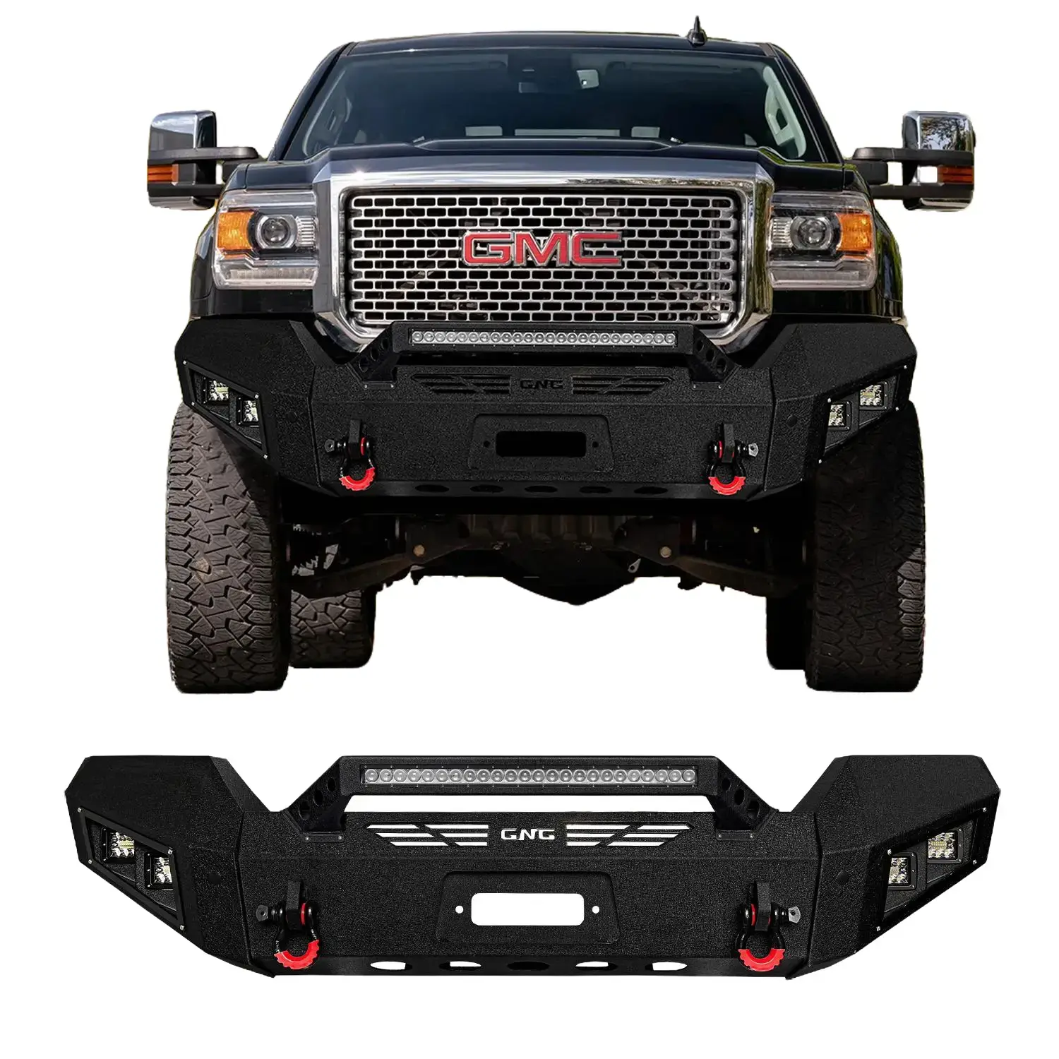 Vijay Steel Black Texture Front Bumper for 2015-2019 GMC Sierra 2500/3500 Truck, with Winch Plate, LED Lights, 2 D-Rings, Additional Attachment Options, Enhanced Functionality, Simple Screw Installation, Performance