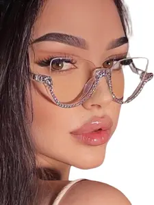Fashionable Rhinestone Decor Half Frame Eyeglasses, Vintage Fashion Eyeglasses for Women, Fashion Eyewear Accessories for Daily Wear