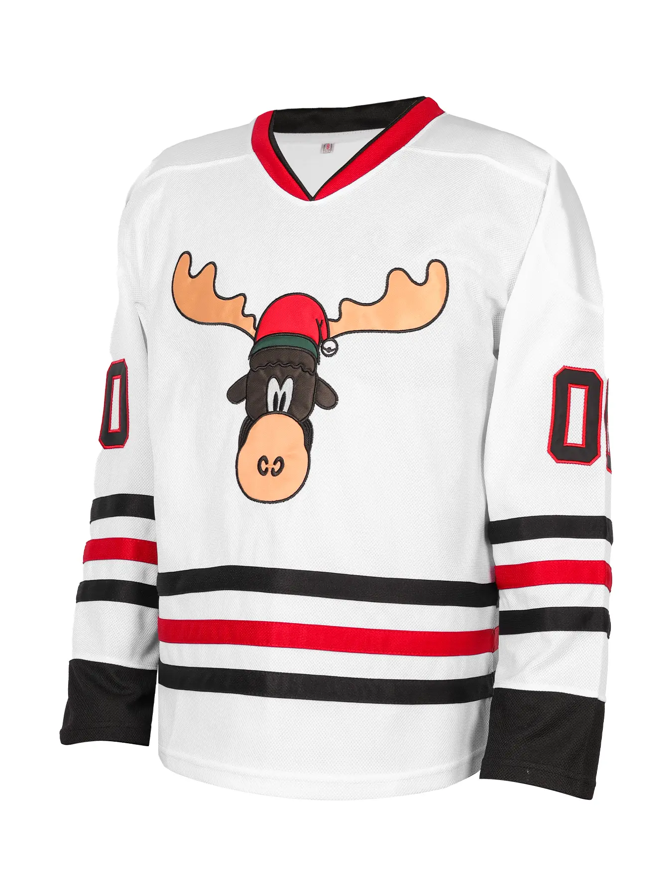 Men's White Christmas Movie Hockey Jersey, #00 Griswold Moose Full Embroidered Stitched V-Neck Long Sleeve Shirt, Vintage Holiday Hockey Uniform, Soft Casual Cosplay Costume Top for Fans Unisex Party Wear