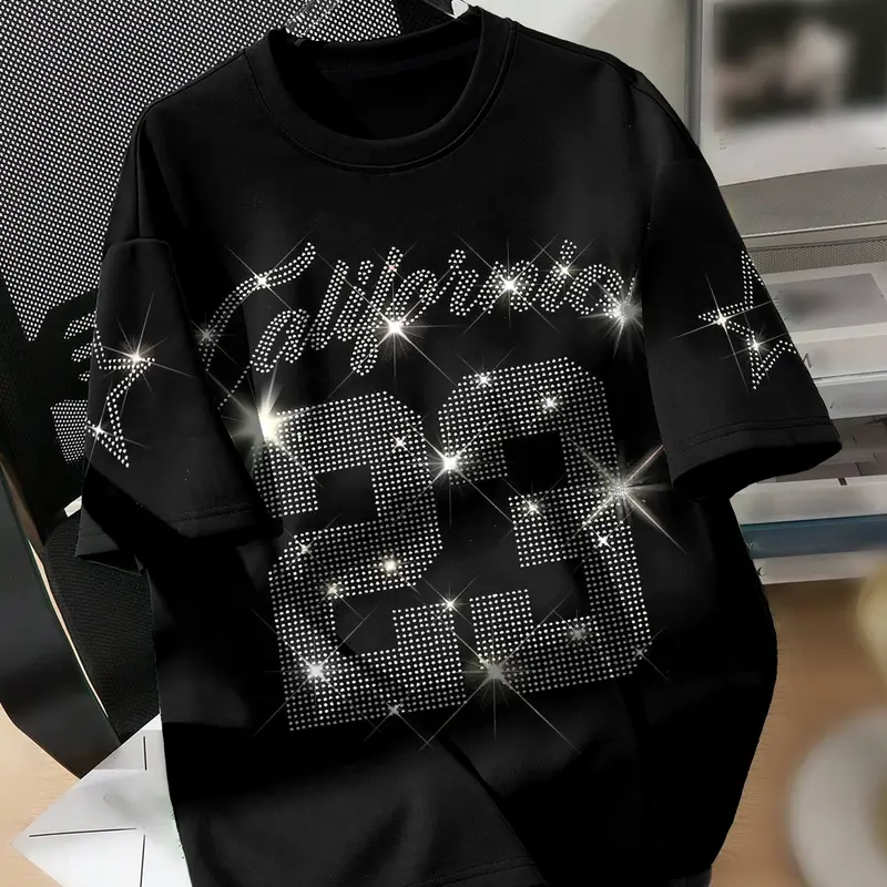 Unisex Short Sleeve T-Shirt, Cf Rhinestone Design, Fashionable Youthful American Streetwear Style, Casual Summer Wear, Casual Style Tee