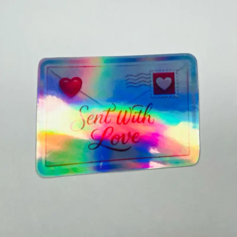 Sent With Love – Holographic Valentine Postcard Sticker (4x2”)