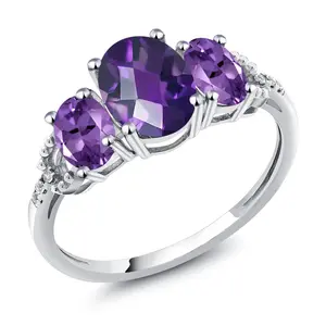 Gem Stone King 10K White Gold Oval Checkerboard Purple Amethyst and Diamond Accent 3-Stone Engagement Ring for Women | 1.75 Cttw | Three Stone Wedding Anniversary Gold Ring