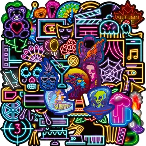 50pcs Cartoon Neon Lamp Series Sticker, Waterproof Sticker Pack for Wall Water Bottle Skateboard Helmet Car Bike Luggage Laptop