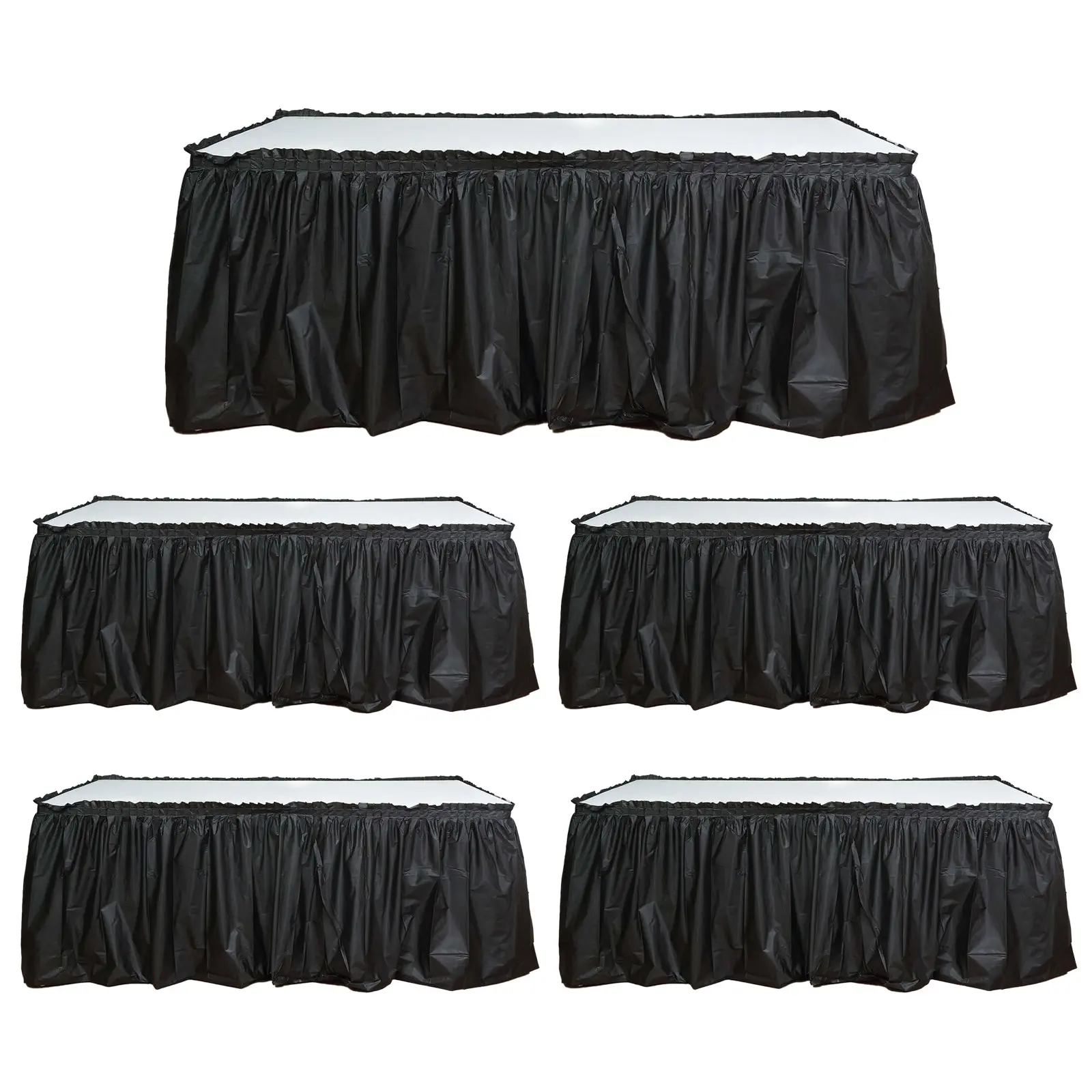 5-Pack Black Ruffled Plastic Table Skirts - 14ft Length Durable Disposable Outdoor Table Skirts for Wedding & Restaurant Events Decoration