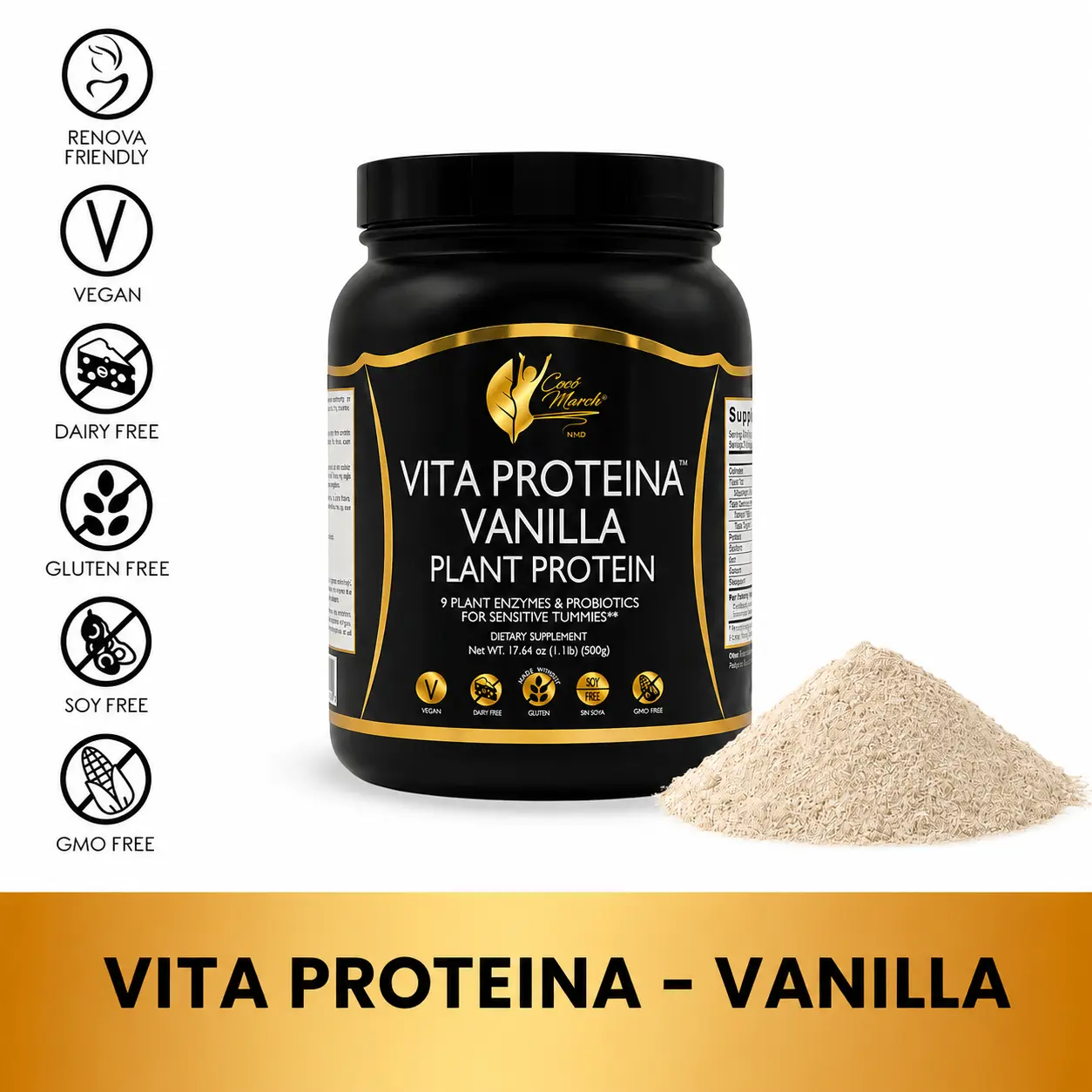 Cocó March N.M.D Vita Protein Vanilla Plant Protein Powder, Vegan Protein Shake with Digestive Enzymes & Probiotics - 17.6 oz (500g)