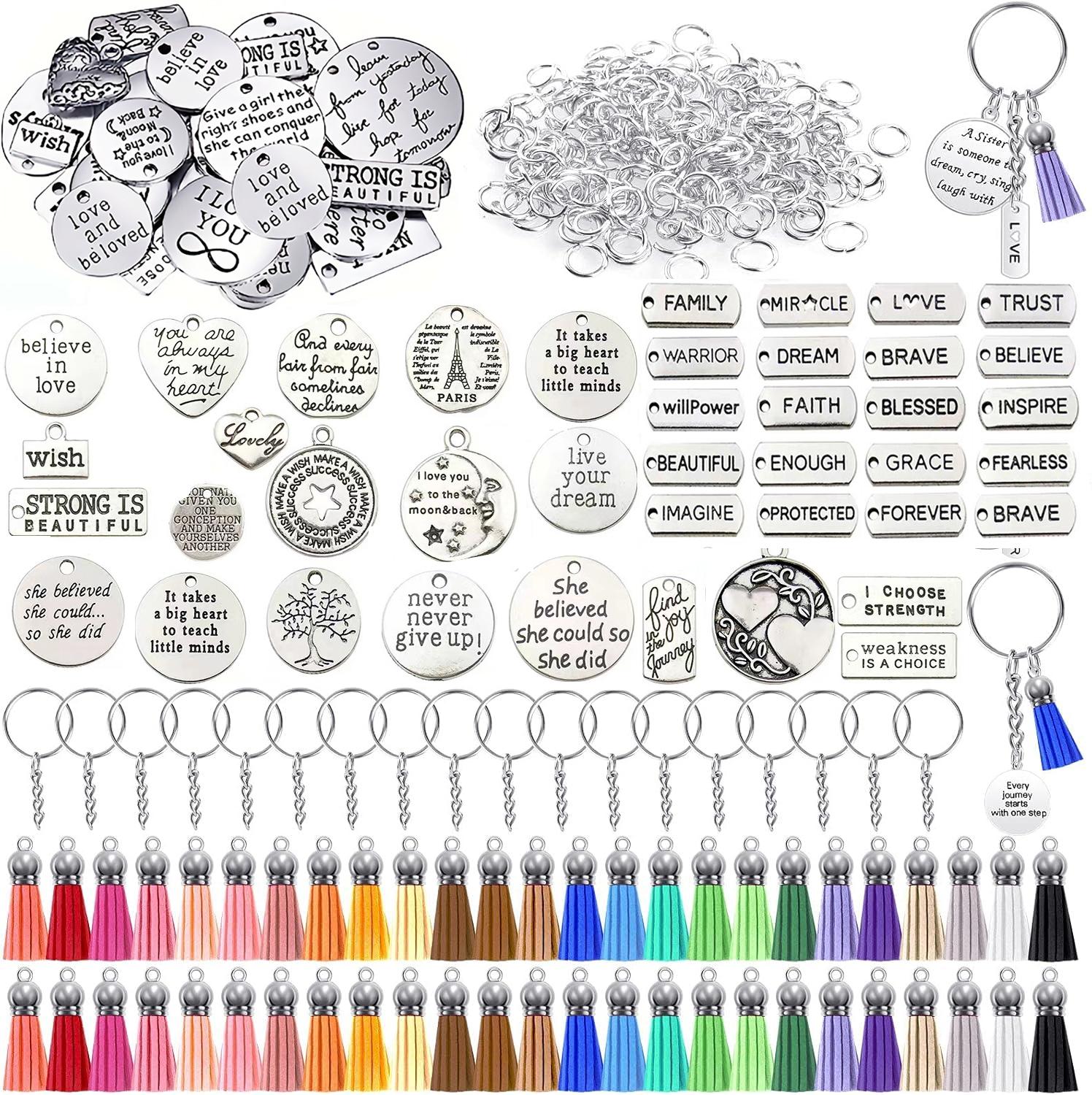 350Pcs Motivational Keychain Accessories Set with 50 Engraved Inspirational Words Charms, 50 Leather Keychain Tassels, 50 Keyring with Chain, 200 Open Jump Rings for Keychain Making, DIY Crafting