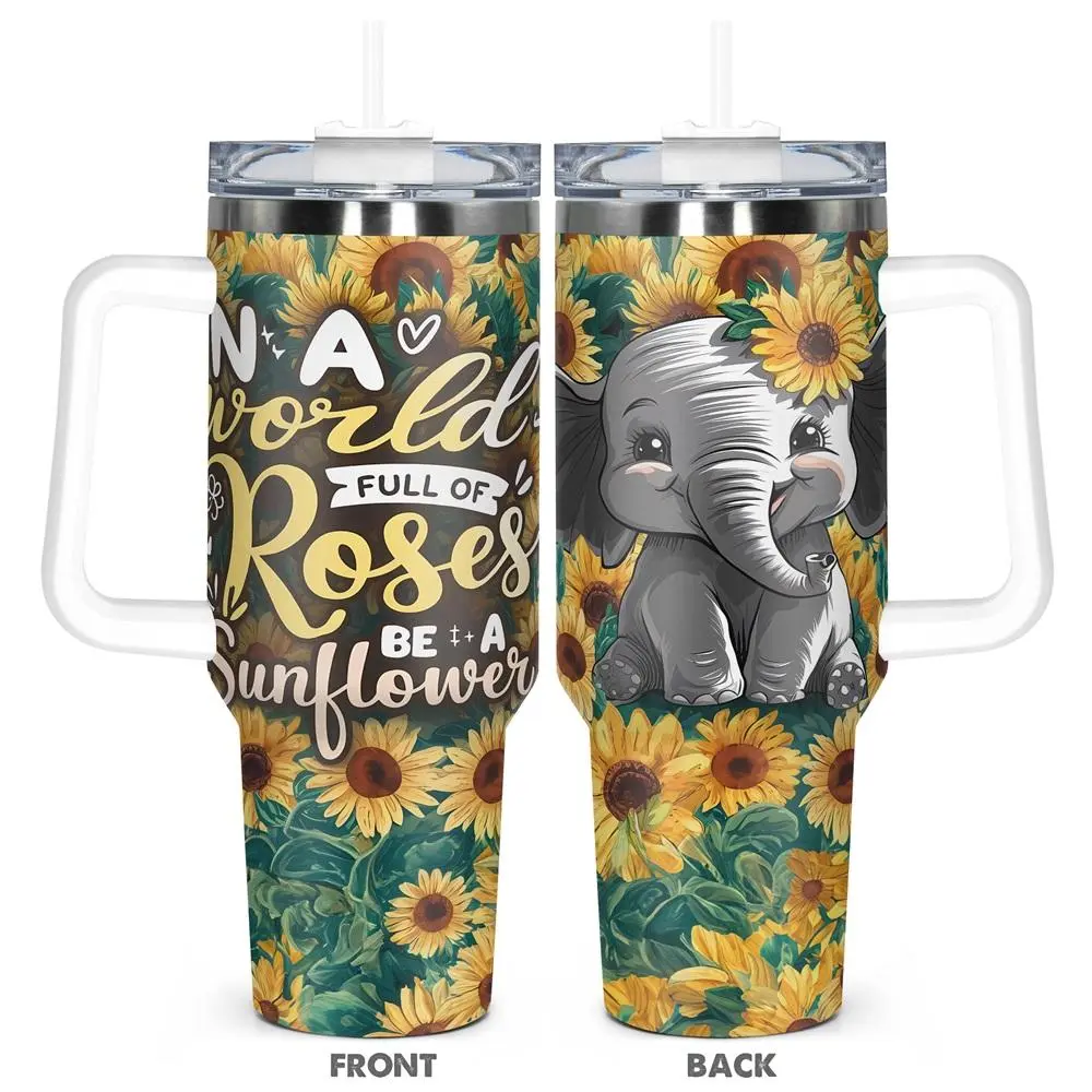 Elephant & Sunflower Pattern Tumbler, 1 Count 40oz Stainless Steel Water Bottle, Insulated and Durable, Gift for Any Occasion, Drinkware
