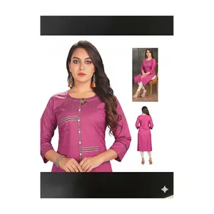 Model-BSHZ1  Checked Straight Kurti with Button Placket & 3/4 Sleeves | Round Neck, Knee-Length, Daily & Office Wear
