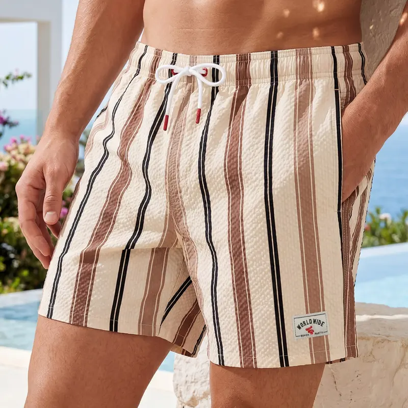 Men's Beach Shorts, Quick-Dry Bubble Mesh Fabric, Elastic Waist, Drawstring, Side Pockets, Striped Print, Loose Fit, Vacation Casual Beach Pool Wear