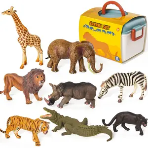 Safari Realistic Animal Figures Play Set Playmat & Storage Box, Non-Toxic Hand Painted Educational Toys Wildlife Africa - 8 Animals