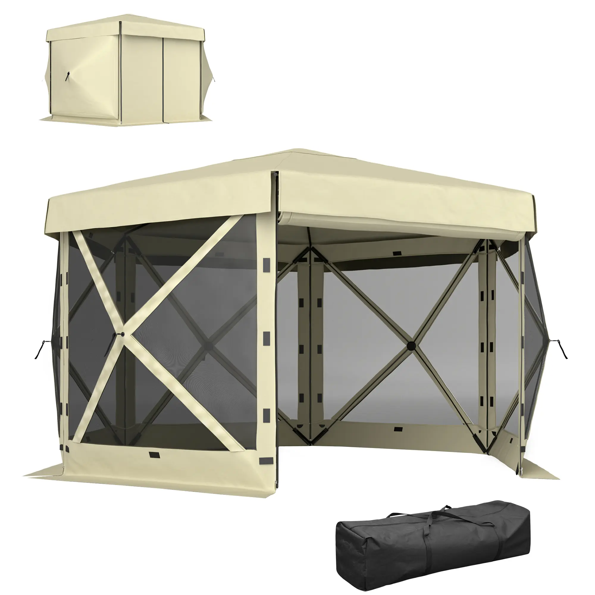 Outsunny 12' x 12' Hexagonal Pop Up Gazebo Canopy Tent with 5 Sidewalls, Waterproof Portable Outdoor Canopy Shelter with Curtains, Carry Bag, 5 Ropes, 11 Stakes for Camping, Garden, Patio, Beige