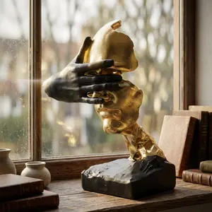 Thinker Statue Abstract Resin Sculpture, Gold Blindfold Face Black Hand Modern Tabletop Home Decor Figurine