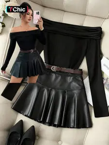 Fall Winter New French Style Sexy Girl Elegant Fashion Knit Stretch Glossy Fabric One-Shoulder Ruched Slim Fit T-Shirt + Elastic Waist Umbrella Hem Short Skirt Set