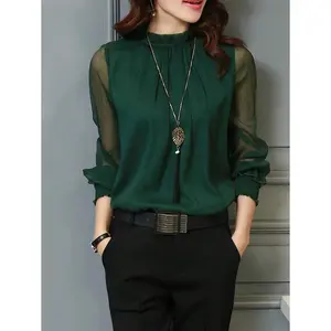 Women's Green Semi-Sheer Bishop Sleeve Blouse with Stand Collar & Button Details Regular Fit Polyester Top for Casual Office Wear
