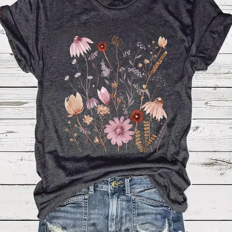 Women's Floral Print Round Neck Tee, Casual Streetwear Short Sleeve Crew Neck Fitted T-Shirt for Summer, Fashion Women's Top for Daily Wear, Everyday Tshirt, Casual Everyday Tops, Womenswear