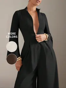 Elegant Women's Bodycon Jumpsuit, Round Neck Zipper Pleated Waist Flare Sleeve Long Sleeves Wide Leg Pants for Commuting, Dating, Parties