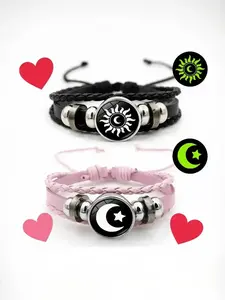 ZYNE Glow-In-The-Dark Leather Couple Bracelet, Vintage Style Punk Braided Wristband, Unisex Fashion Accessory for All Seasons, Fashionable Accessories
