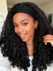 Afro Curly Headband Wig Synthetic Braided Hair Texture with Unique Bouncy Curls in the End 22 Inch Soft Curly Headband Wigs for Black Women Dark Brown Kinky 4C Hair Glueless Ready to Wear Wig