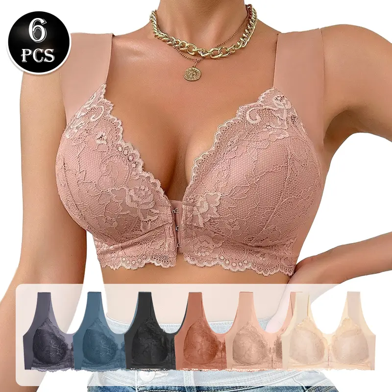 Women's 6-Pcs Seamless Wire-Free Bralette Set - Soft Nylon+Spandex Deep V Bras with Front Buckle for Quick On/Off, Wide Straps for Relief, Lightweight Everyday Bras for Yoga, Wedding Wear