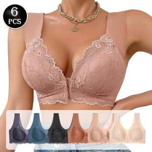6 Pcs Shockproof Front Buckle Wireless Deep V Bra Anti-sagging Breathable Seamless Push Up Brassiere For Women Close-fitting Gathered Plus Size Womenswear