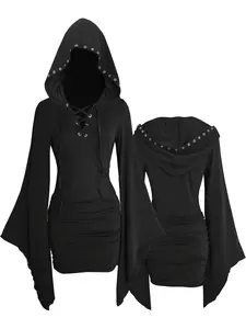 Gothic Style Aesthetic Oversized Sleeve V-Neck Bodycon Dress, Metal Eyelet Tie Decor Hat, Women's A-Line Skirt, Fashionable Party Wear, Womenswear