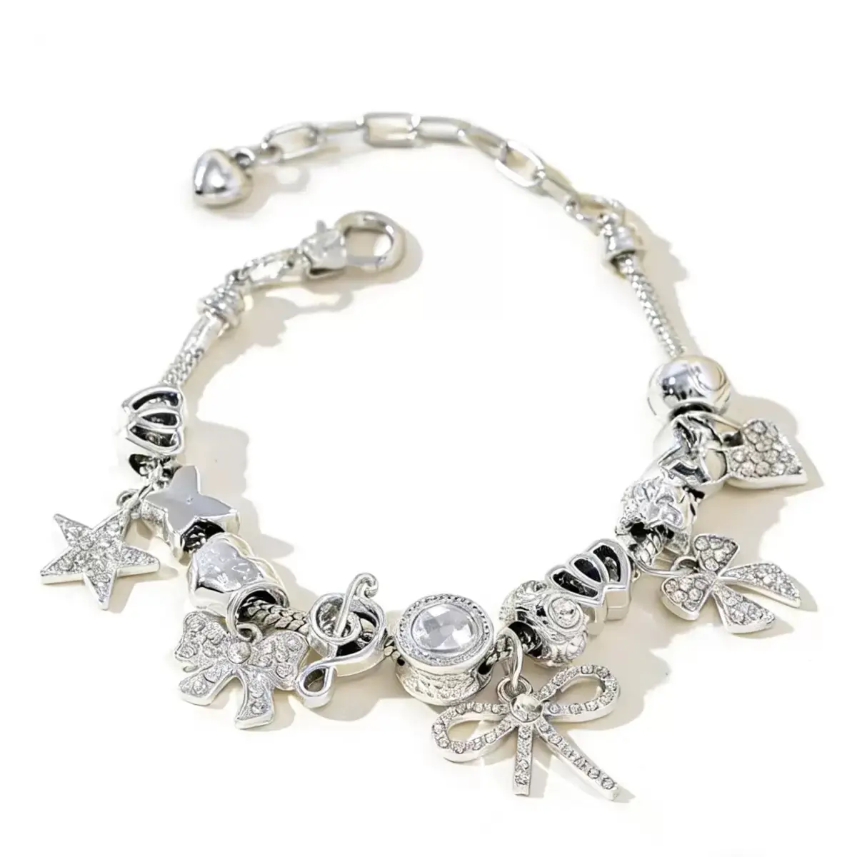 Women's Bow & Heart Charm Bracelet, Adjustable Rhinestone Bracelet, Dainty Crystal Charm Jewelry, Gift for Her, Girlfriend, Wife & Daughter