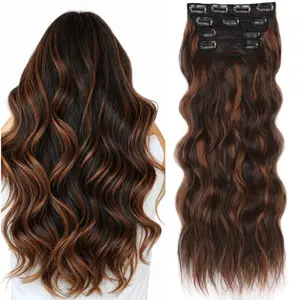 Clip in Hair Extensions Long Wavy 4PCS Thick Hairpieces Synthetic Highlight Hair Extensions Dark Brown to Chestnut Fiber Double Weft Natural 20Inch/190g/6.7oz Hairpiece for Women