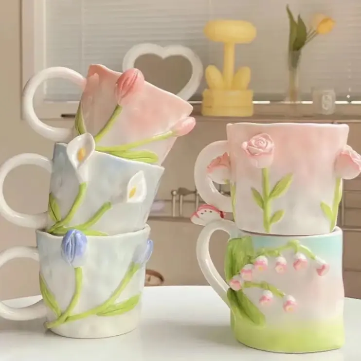 Handpainted Flower Shape Ceramic Mug for Desserts, Ice cream, Kawaii Mug Aesthetic Coffee Handmade Cup Drinkware Tumbler